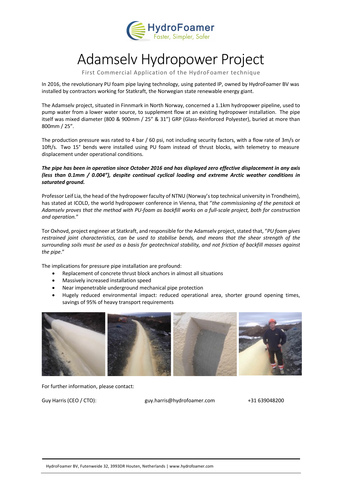 Preview of the HydroFoamer Adamselv hydropower project note.